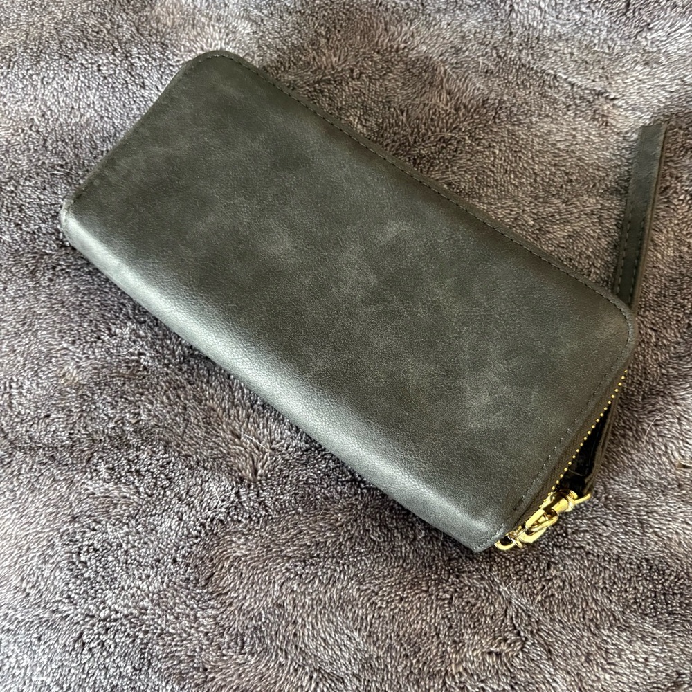 Charcoal Gray Faux Leather Clutch Wristlet Wallet with Gold Accents